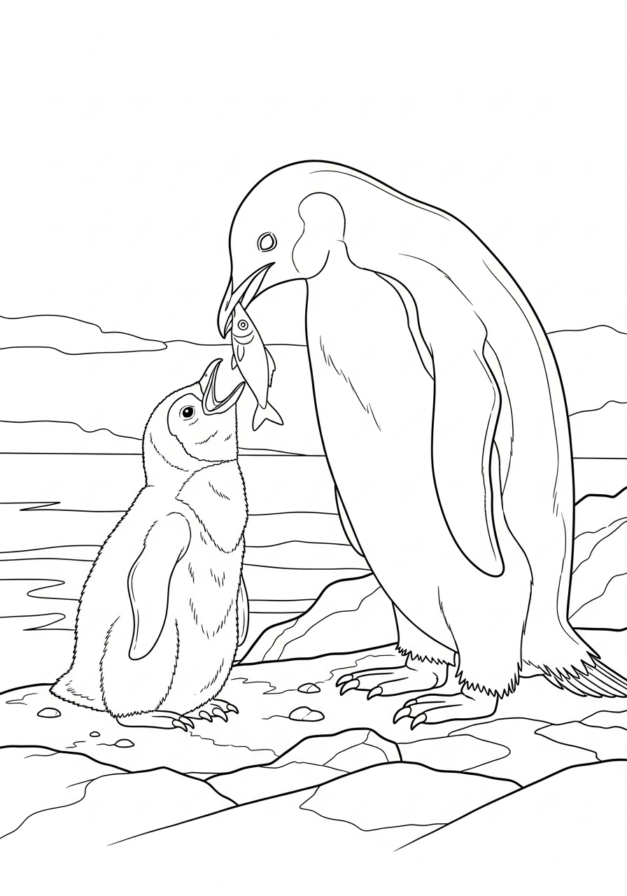 Mother penguin feeding baby chick coloring page