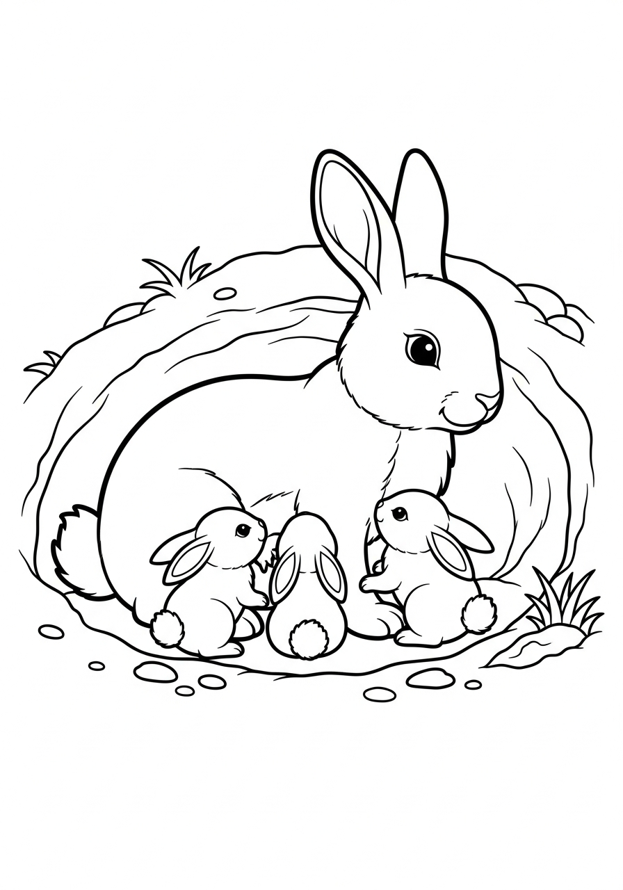 Mother rabbit with baby bunnies coloring page