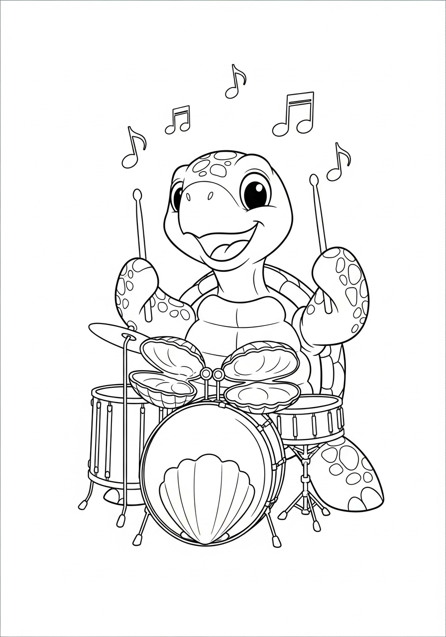 Musical turtle playing drum set coloring page
