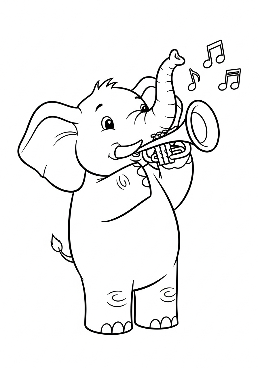 Elephant Coloring Pages 30 Musician elephant playing trumpet coloring page