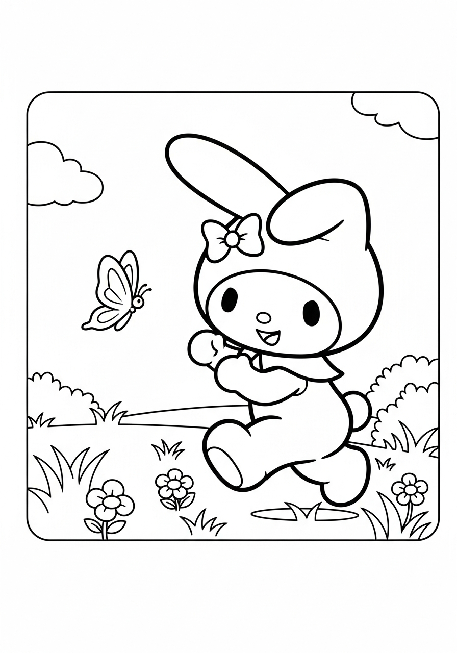 My Melody chasing cute butterfly coloring page