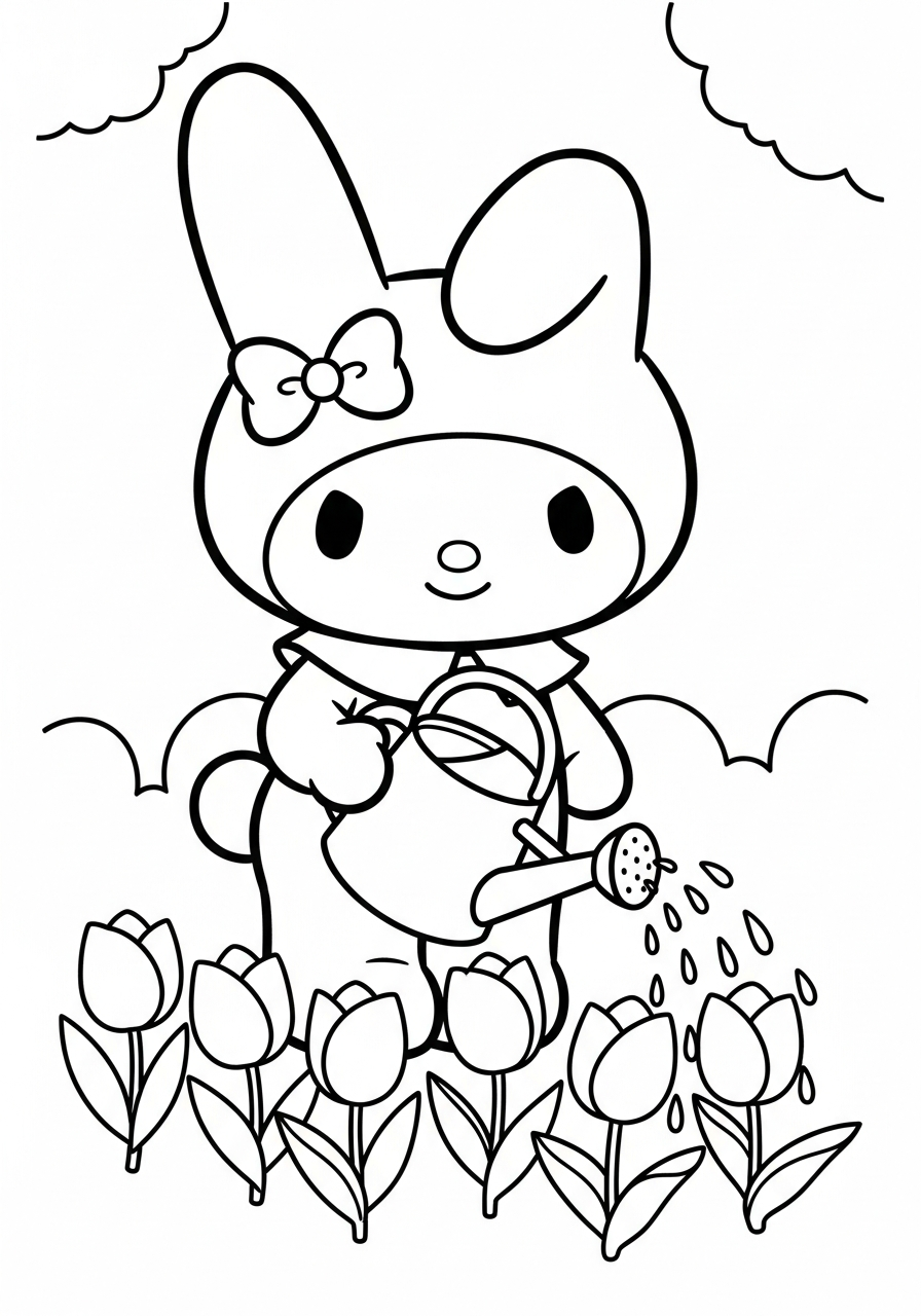 My Melody gardening with water can coloring page