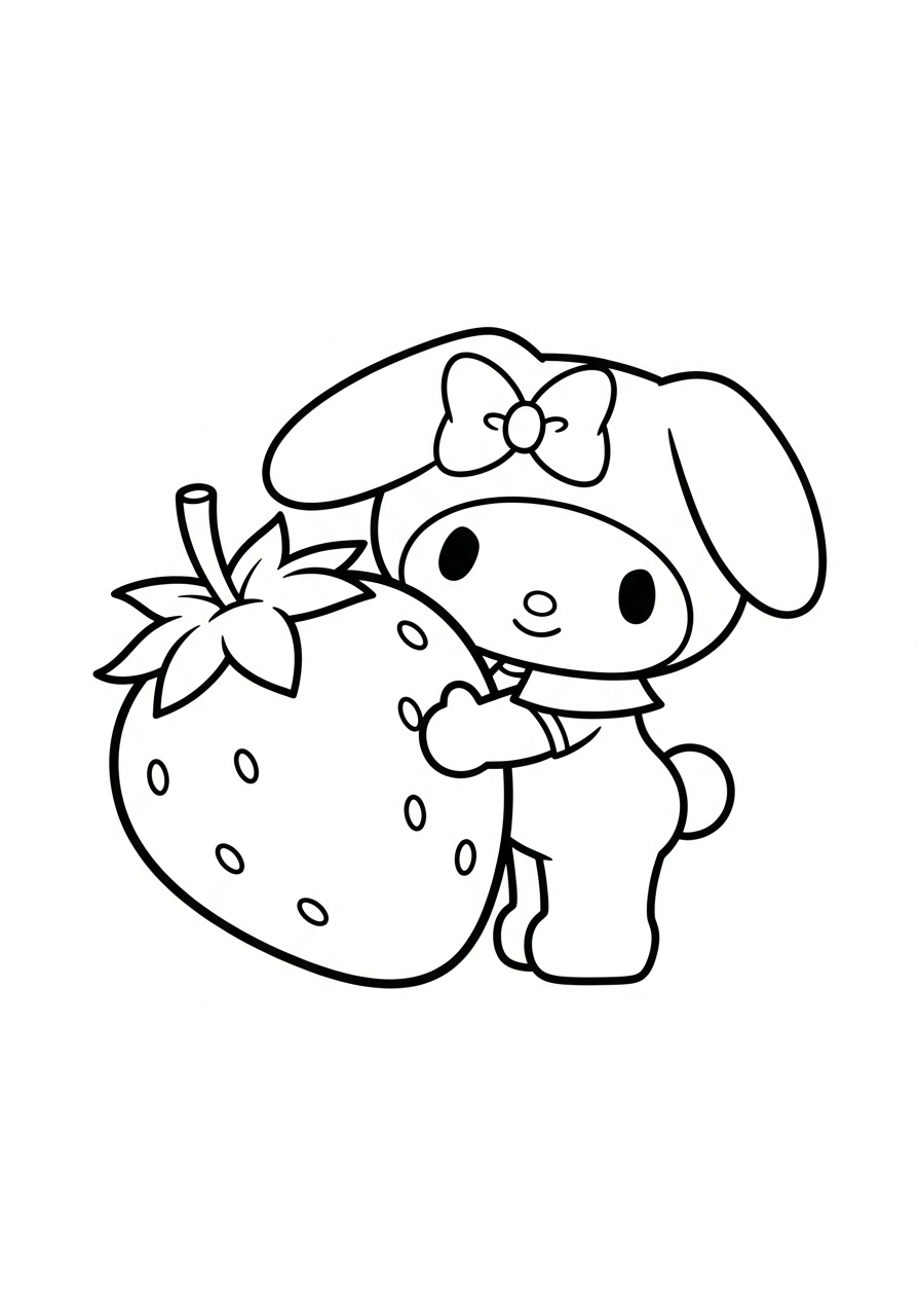 My Melody hugging giant strawberry coloring page