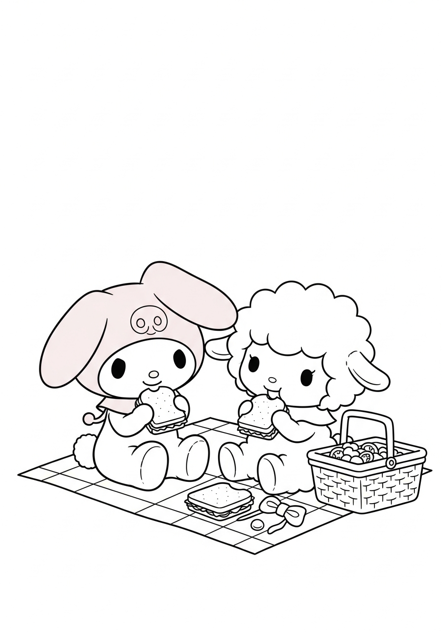 My Melody picnic with sheep coloring page