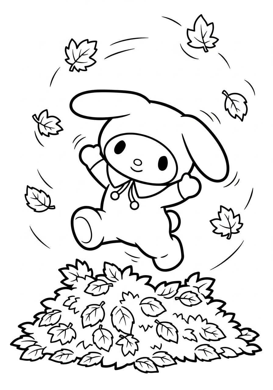My Melody playing in leaves coloring page