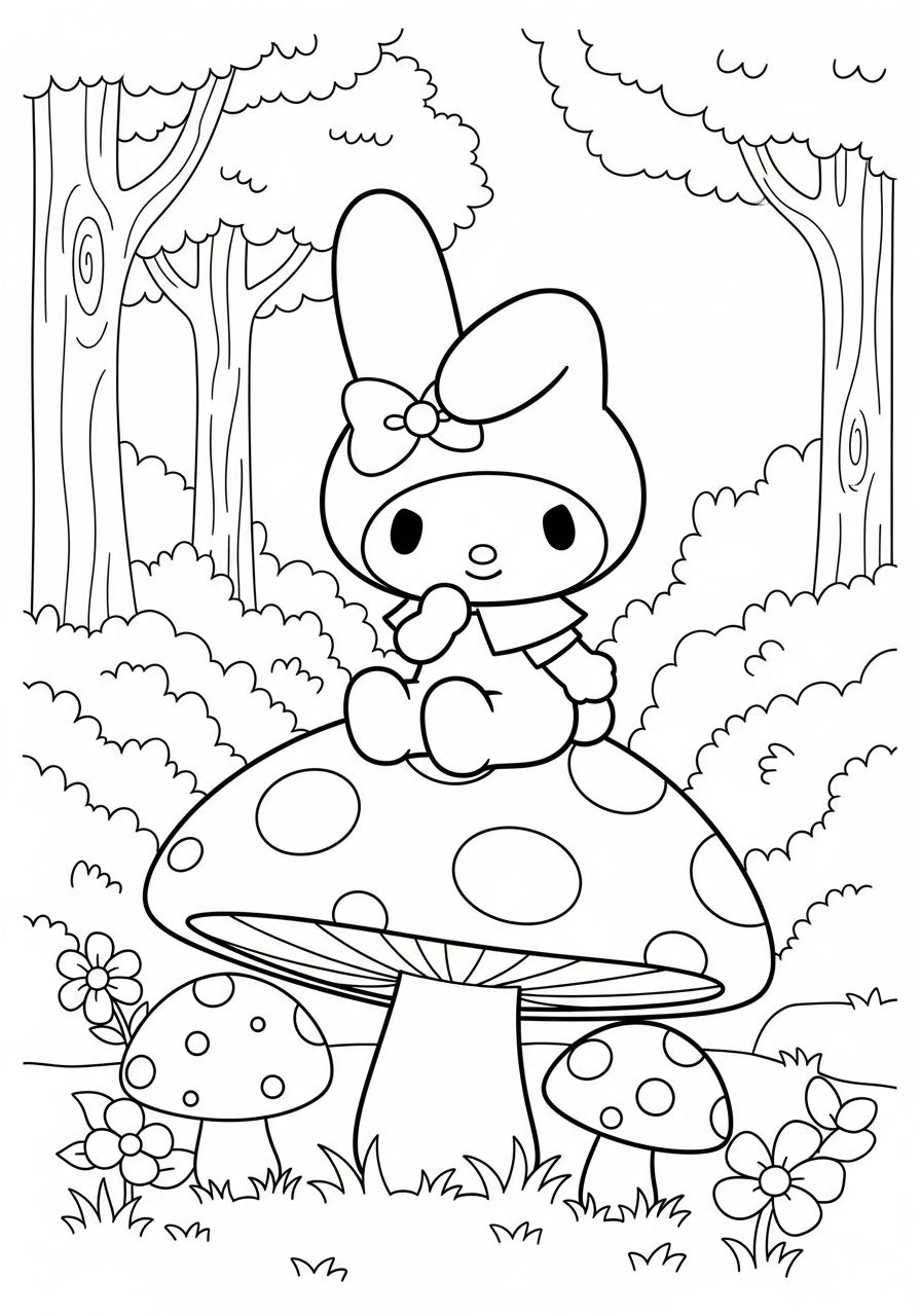 My Melody sitting on mushroom coloring page