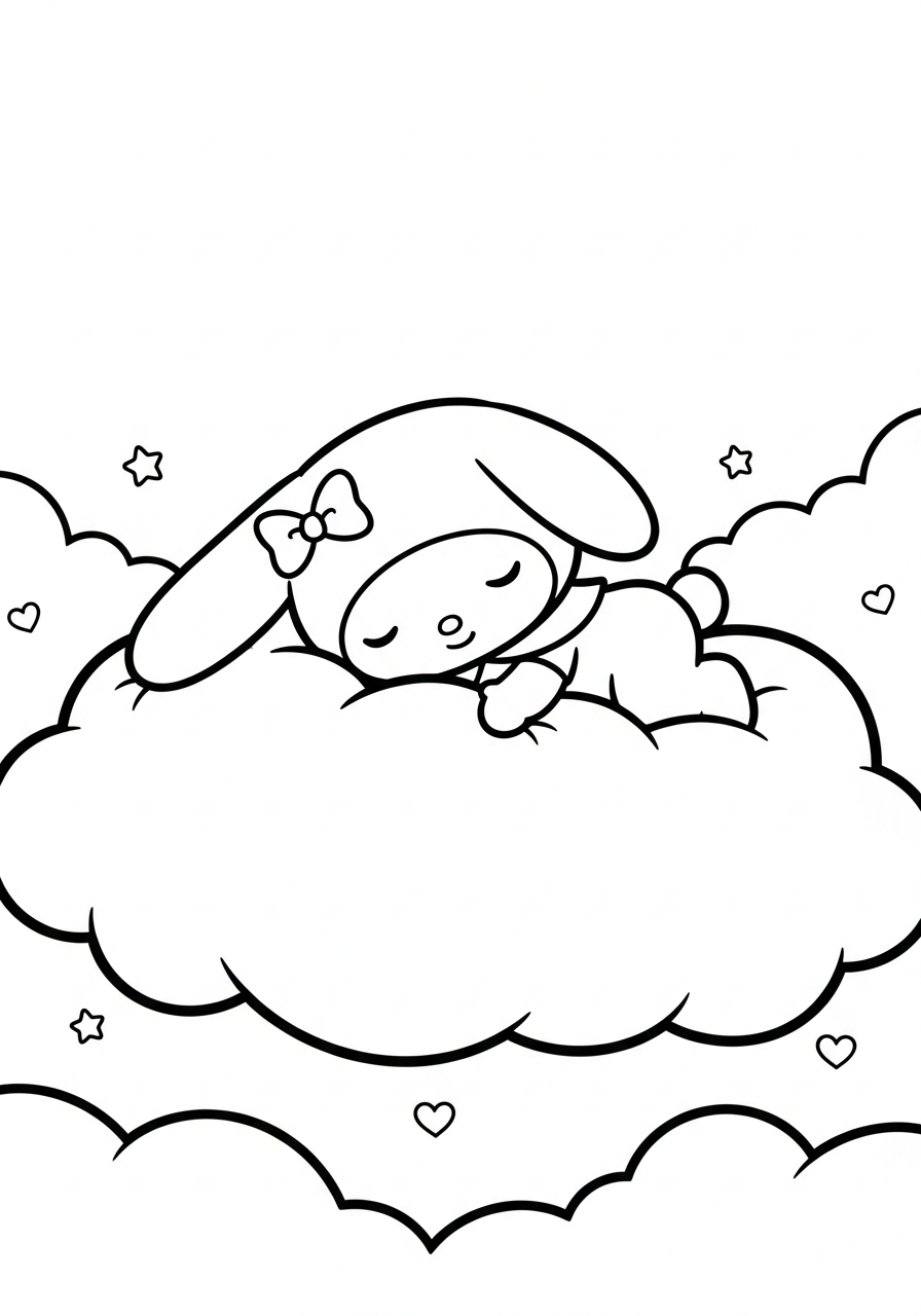 My Melody sleeping on cloud coloring page