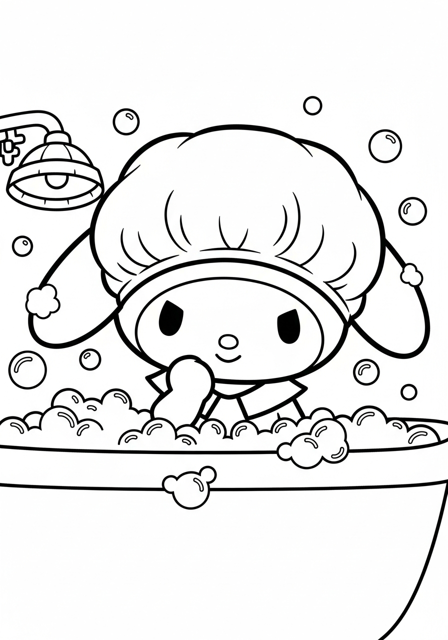 My Melody taking bubble bath coloring page