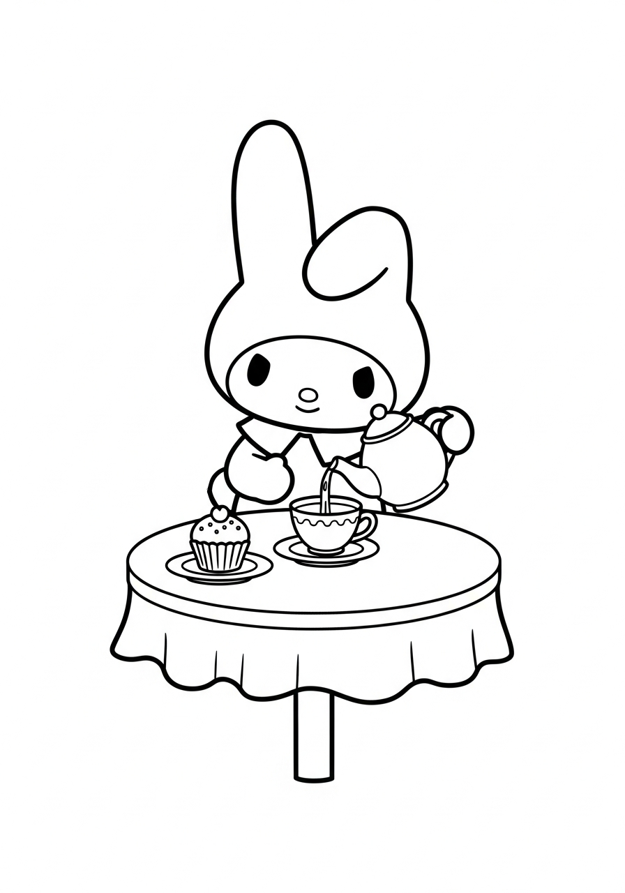 My Melody tea party scene coloring page