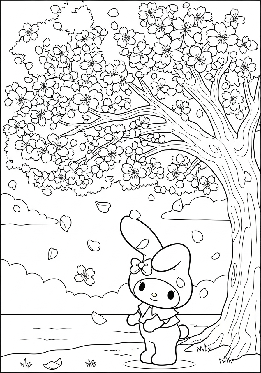 My Melody under cherry blossom coloring page