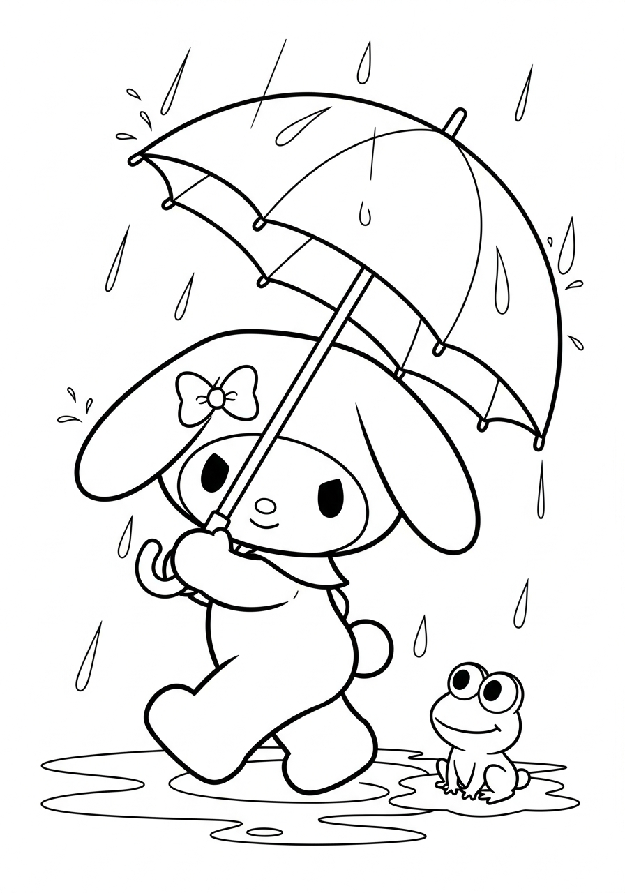 My Melody under rain umbrella coloring page