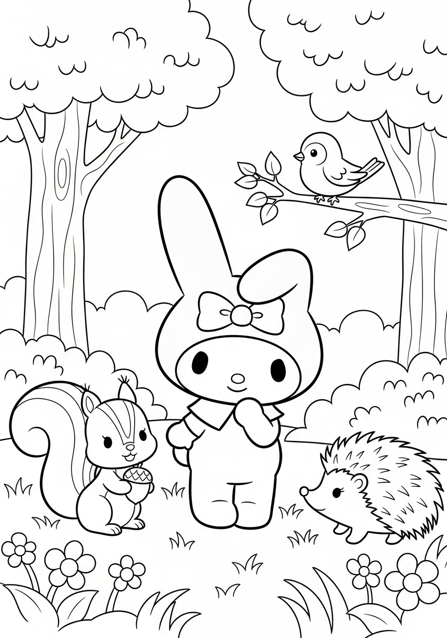 My Melody with forest animals coloring page