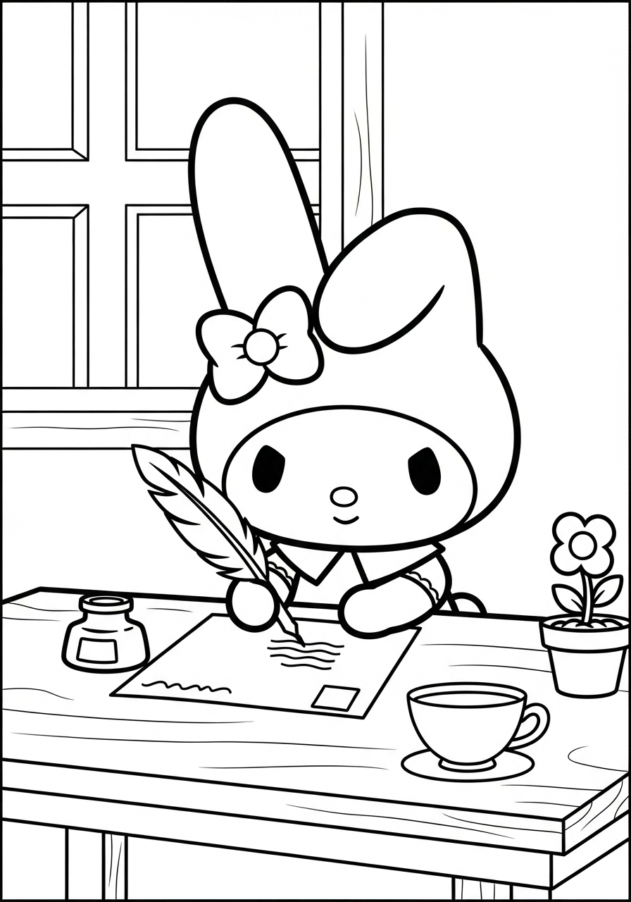 My Melody writing a letter coloring page