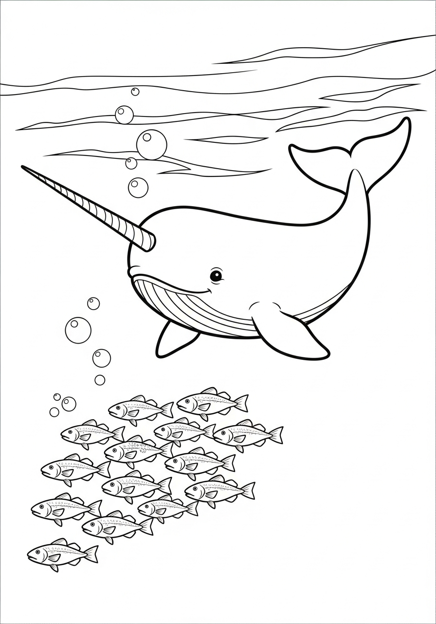 Narwhal Coloring Pages 17 Narwhal chasing small fish school coloring page