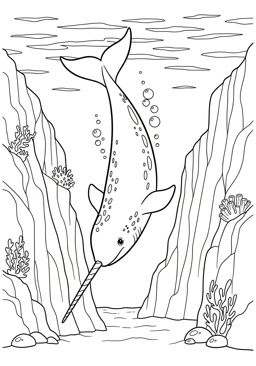 Narwhal Coloring Pages 18 Narwhal diving into deep ocean coloring page