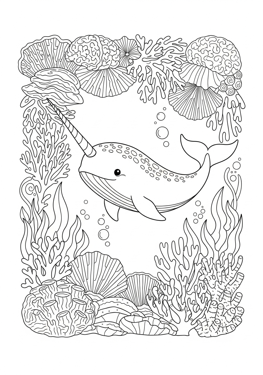 Narwhal Coloring Pages 20 Narwhal in coral reef frame coloring page