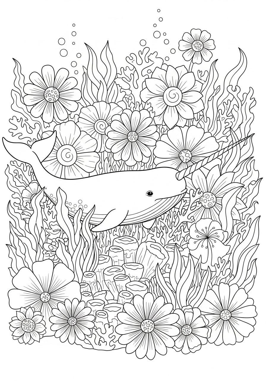 Narwhal Coloring Pages 21 Narwhal in underwater flower garden coloring page