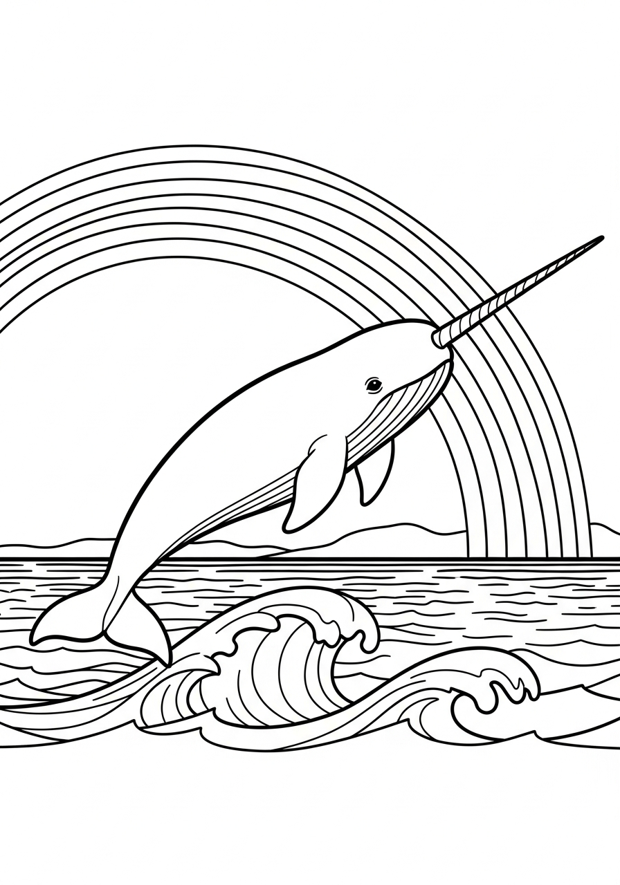 Narwhal Coloring Pages 22 Narwhal jumping over rainbow coloring page
