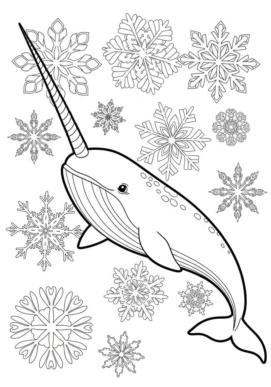 Narwhal Coloring Pages 25 Narwhal surrounded by snowflakes coloring page