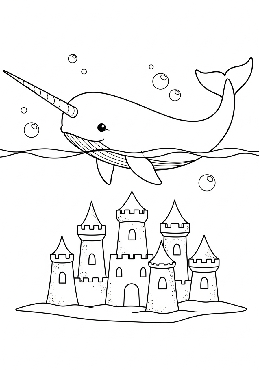 Narwhal Coloring Pages 26 Narwhal swimming near sandcastle coloring page