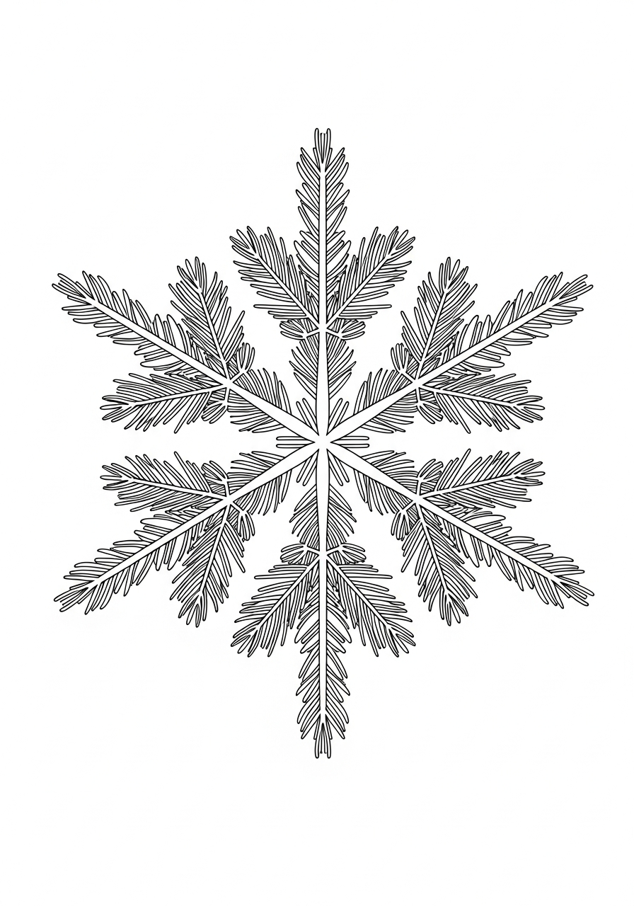 Nature pine branch needle snowflake coloring page