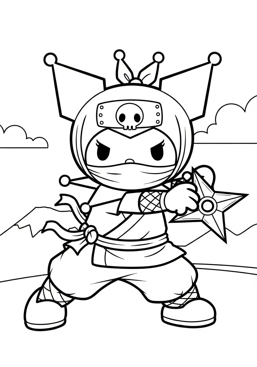Ninja Kuromi throwing shuriken star coloring page