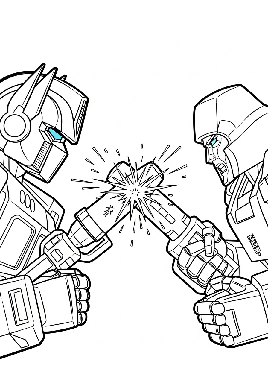 Optimus versus megatron battle scene coloring page