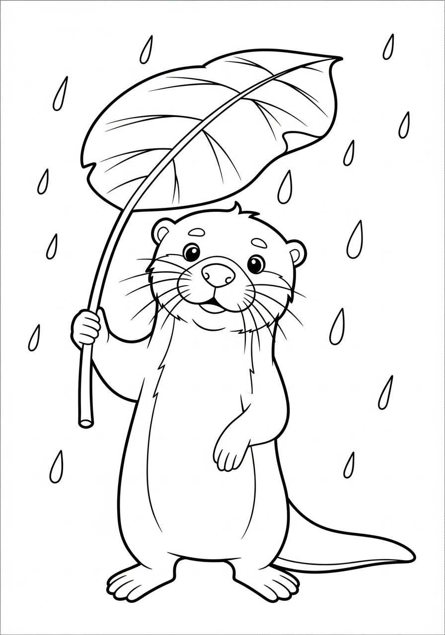 Otter Coloring Pages 22 Otter holding leaf umbrella rain coloring page