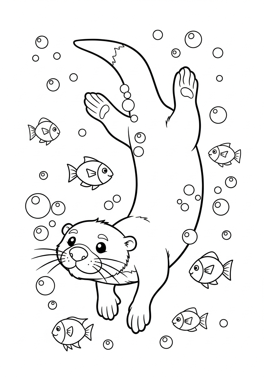 Otter Coloring Pages 24 Otter swimming underwater with fish coloring page