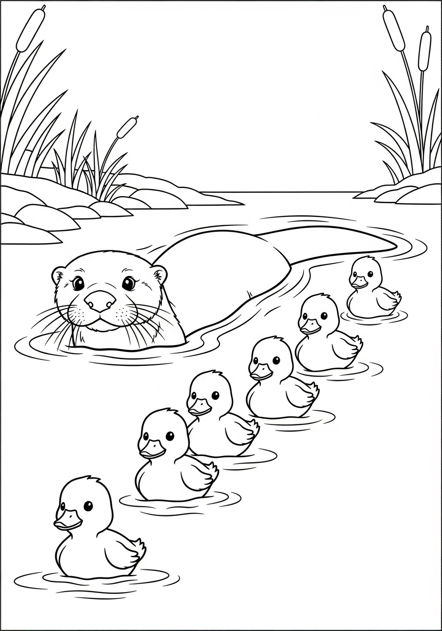 Otter Coloring Pages 25 Otter swimming with cute ducklings coloring page