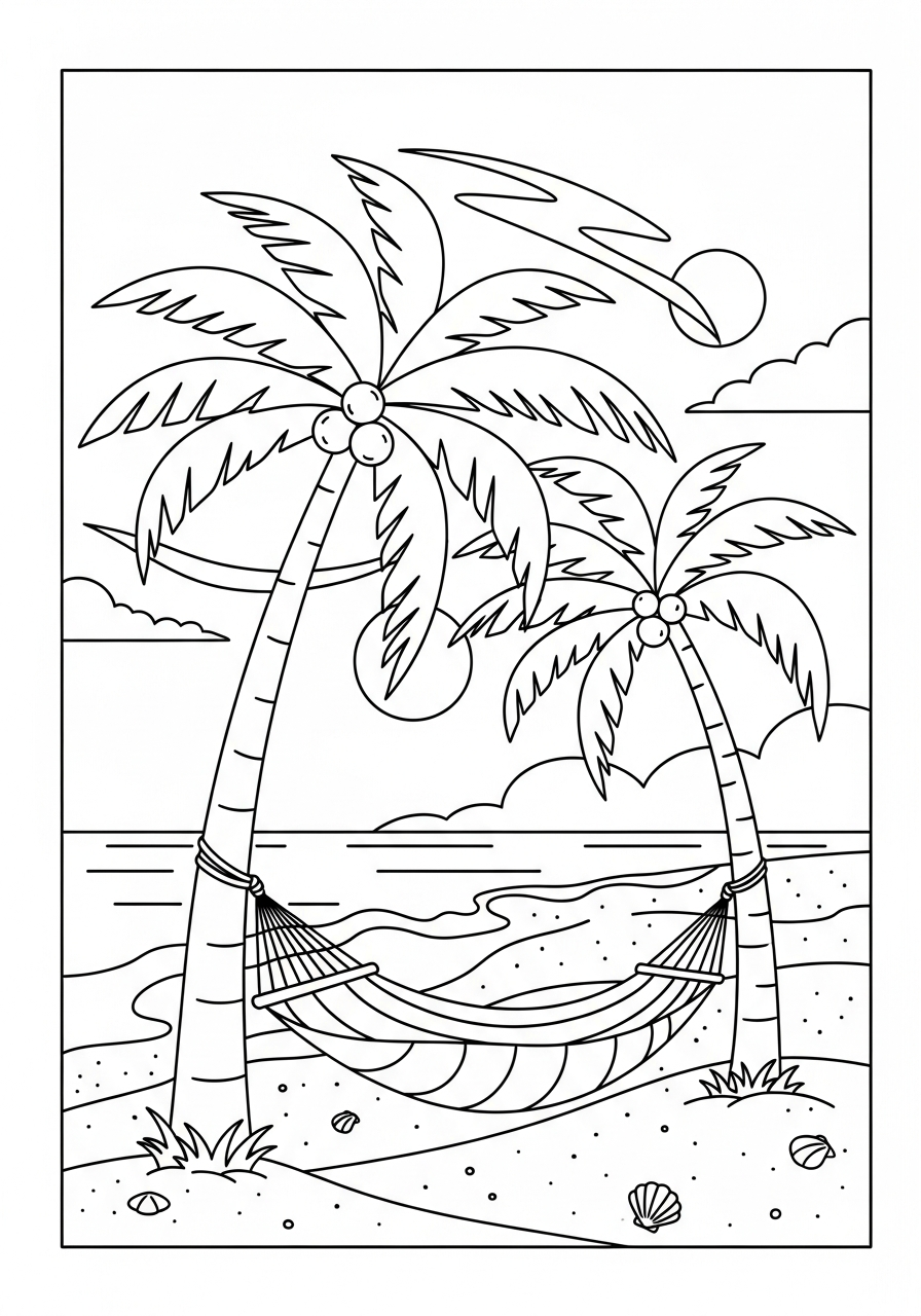 Palm trees with hammock summer coloring page