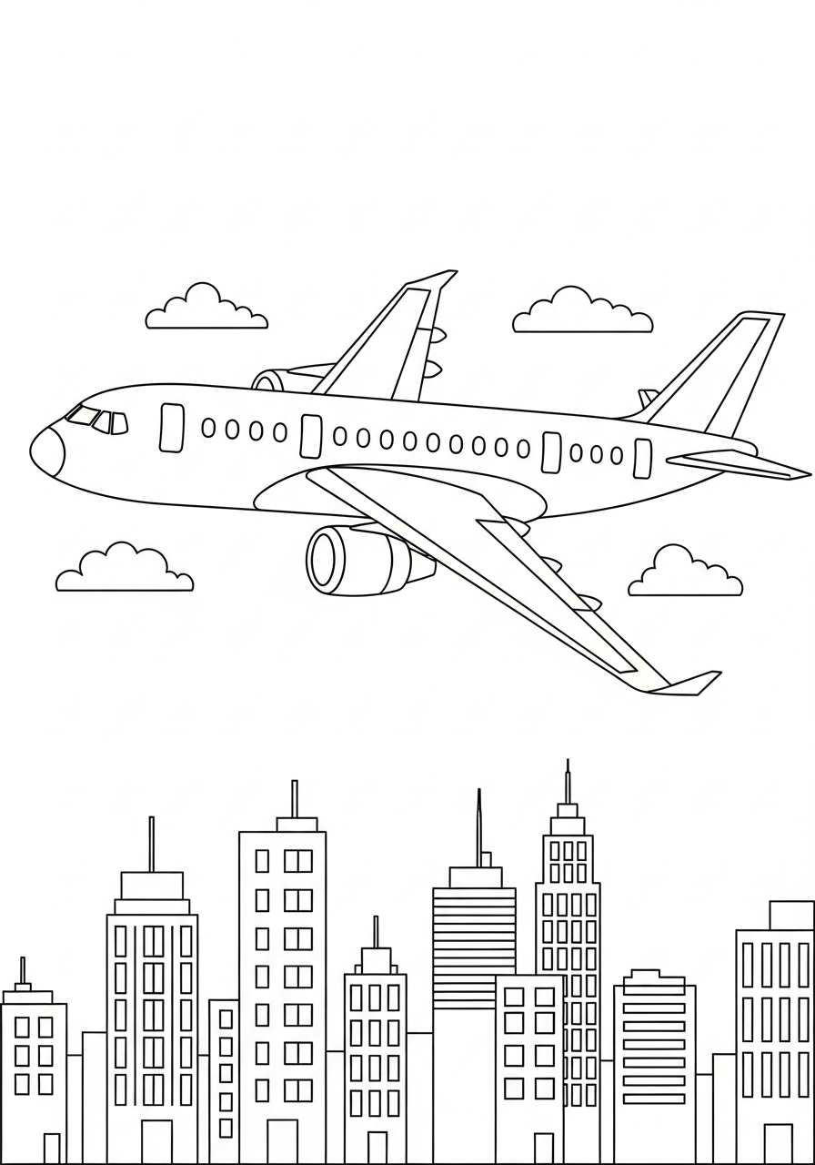 Airplane Coloring Pages 23 Passenger plane flying over city coloring page