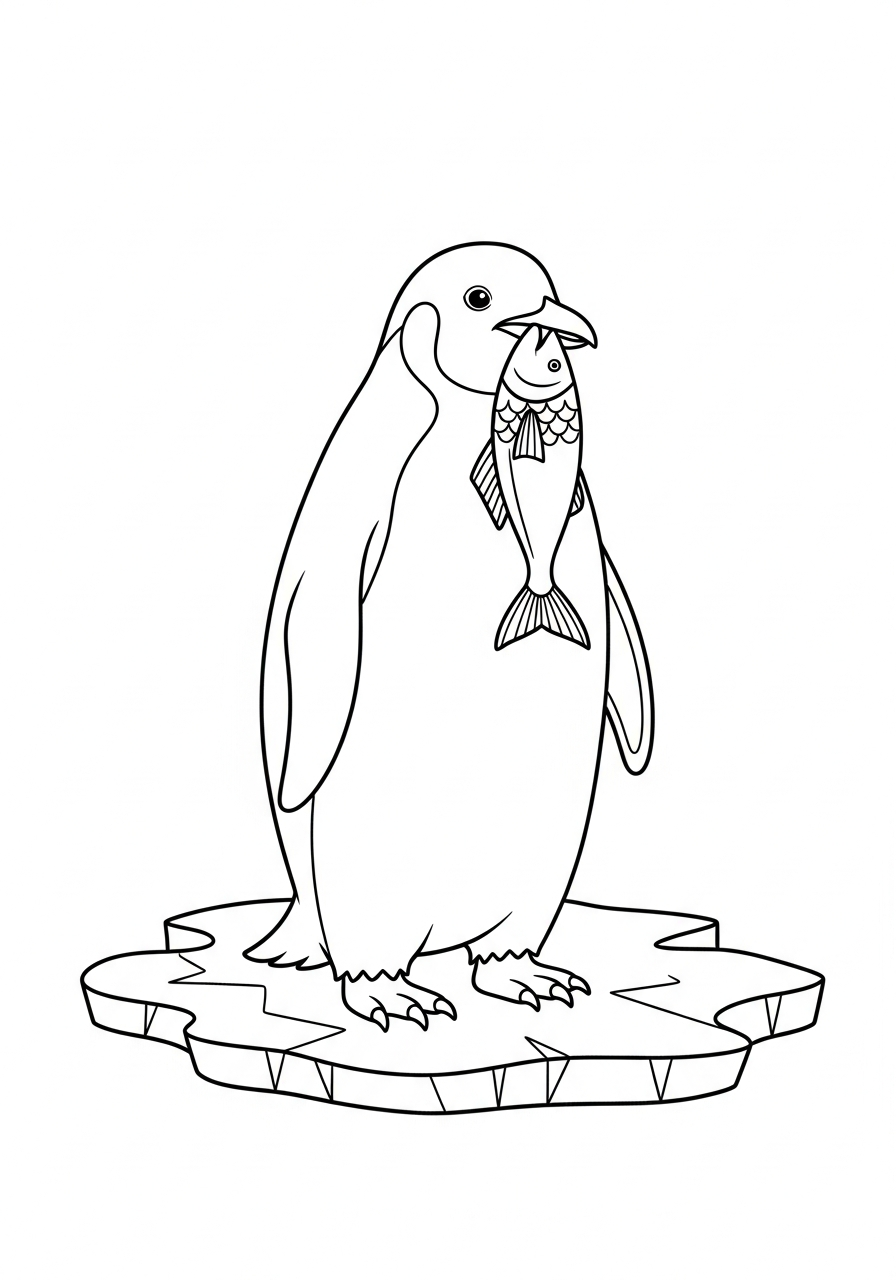 Penguin catching fish for dinner coloring page