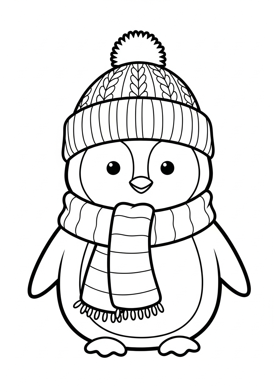 Penguin wearing winter hat scarf coloring page