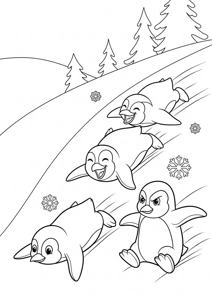 Penguins racing down snowy hill coloring page