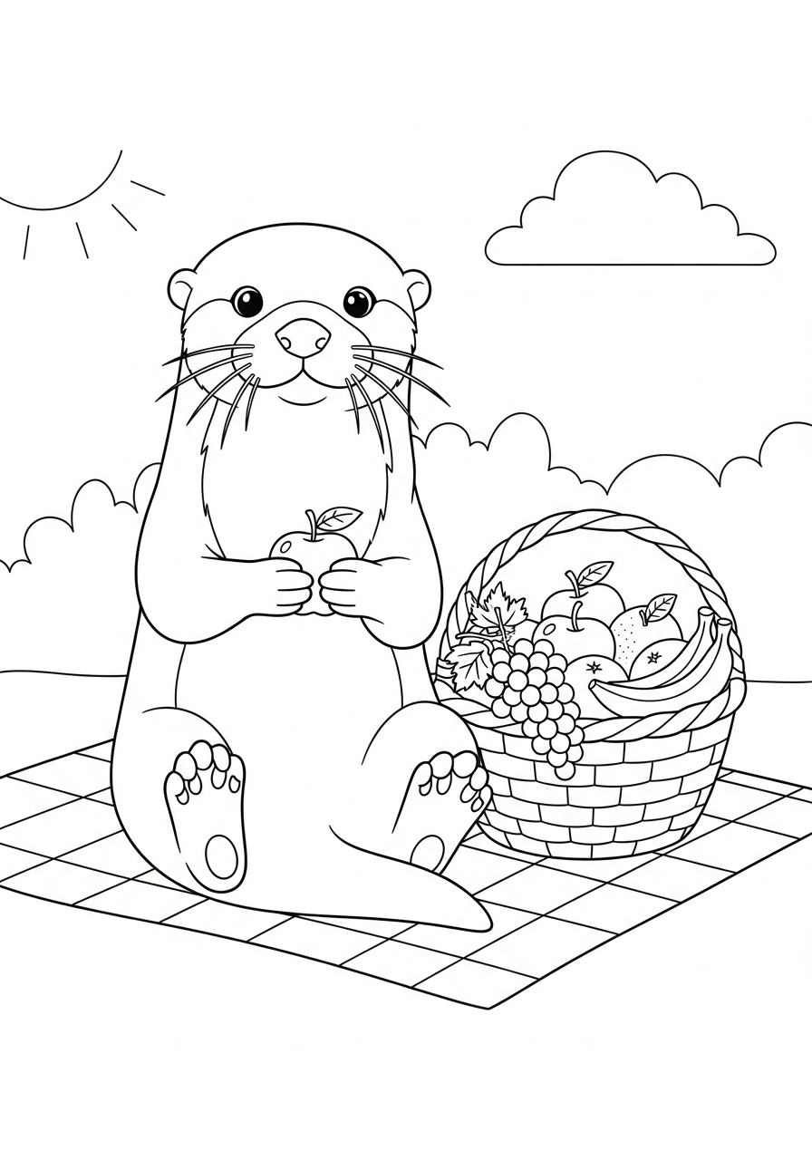 Otter Coloring Pages 28 Picnic otter with fruit basket coloring page