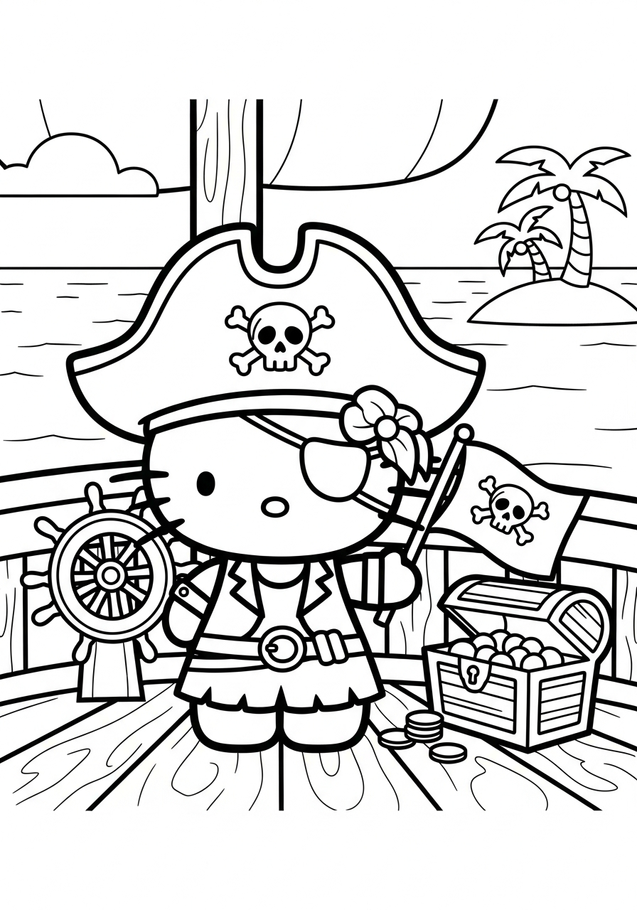 Pirate Hello Kitty on ship deck coloring page
