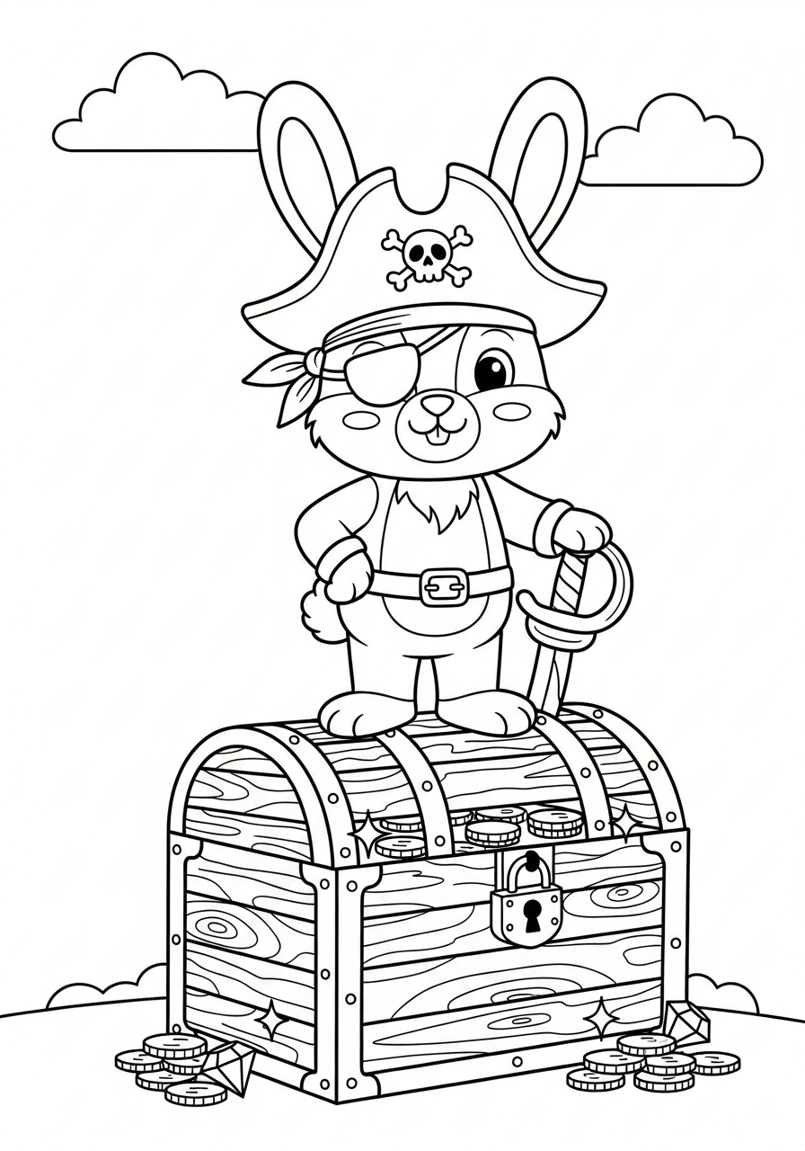 Pirate bunny captain with treasure coloring page