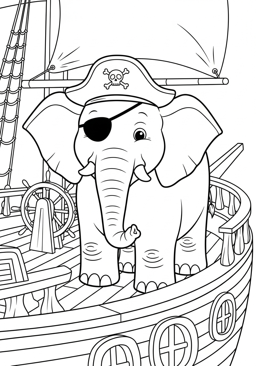 Elephant Coloring Pages 32 Pirate elephant captain on ship coloring page