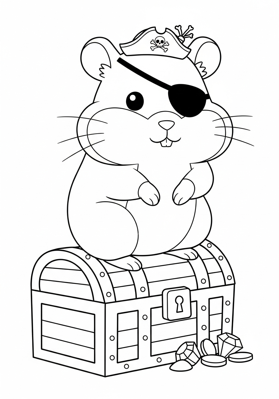 Pirate hamster with treasure chest coloring page