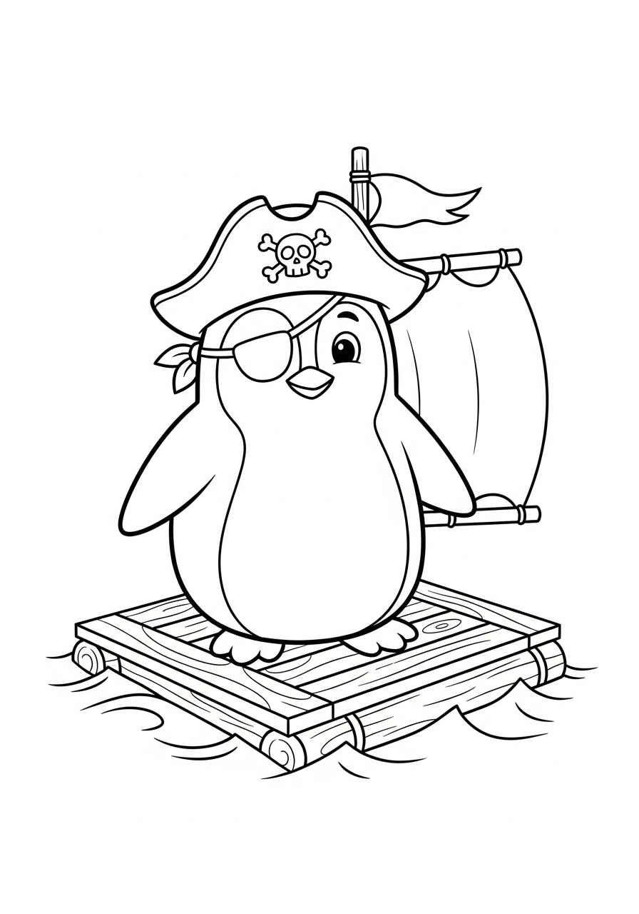 Pirate penguin with hat boat coloring page