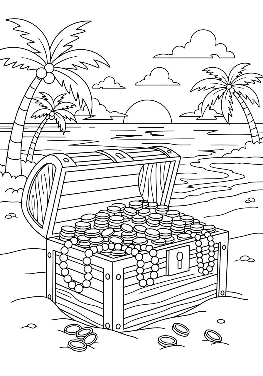 Pirate treasure chest buried in sand coloring page
