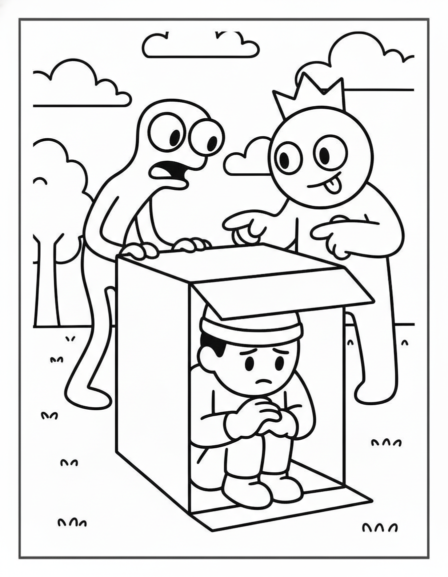 Rainbow Friends Coloring Pages 29 Player hiding in box Rainbow Friends coloring page