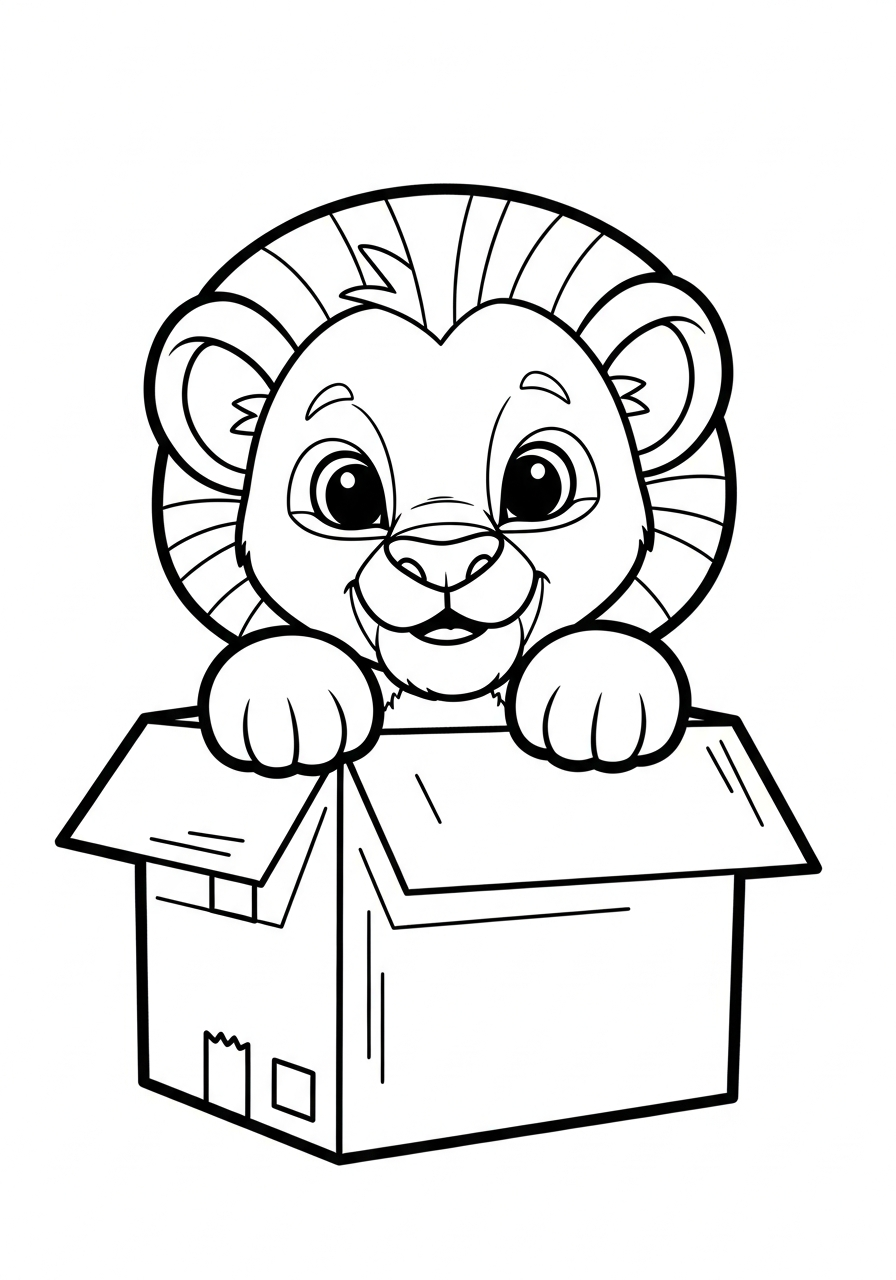 Playful lion in a box coloring page