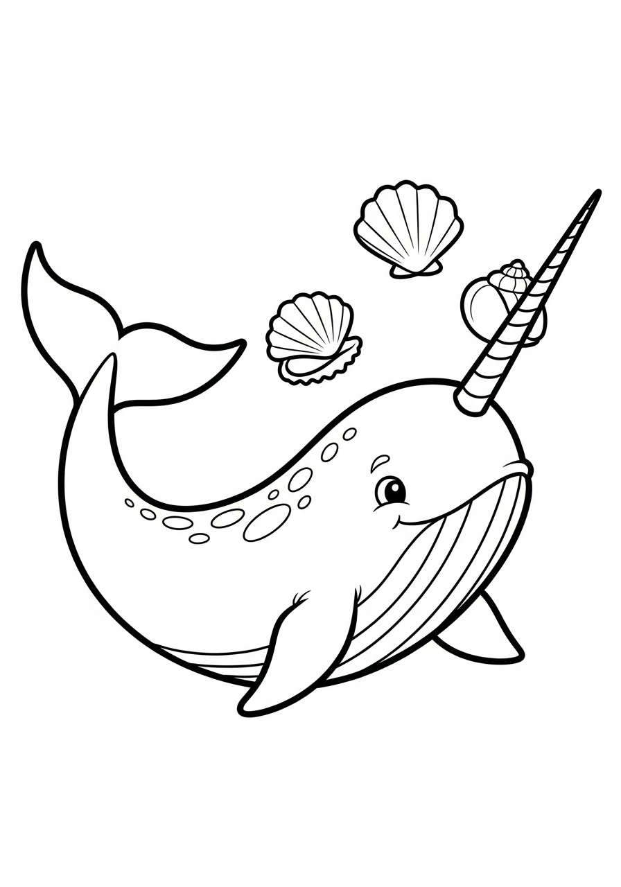Narwhal Coloring Pages 28 Playful narwhal juggling seashells coloring page