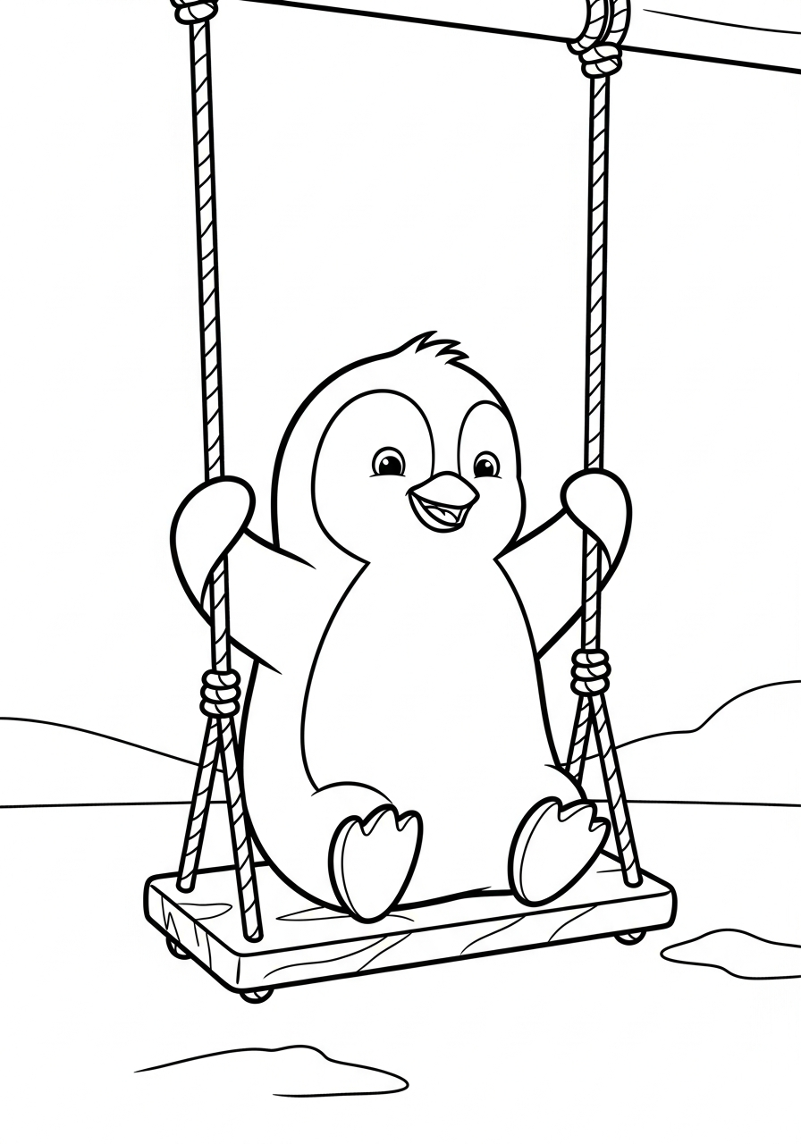 Playful penguin swinging on ice coloring page