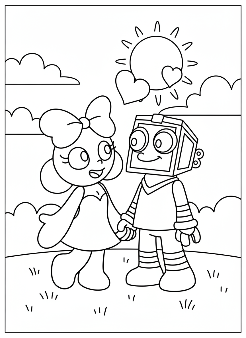 Poppy and Boxten holding hands coloring page