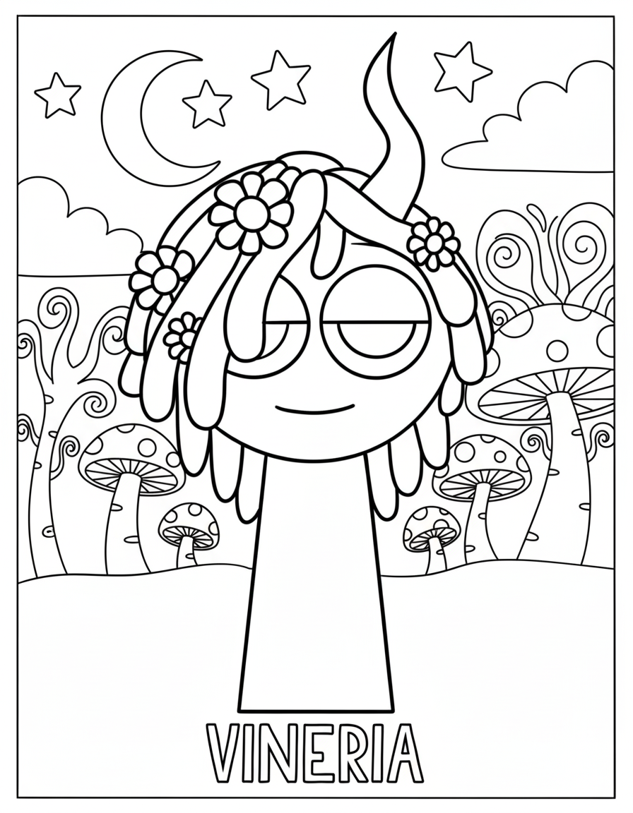 Pretty Vineria Sprunki coloring page with mushrooms