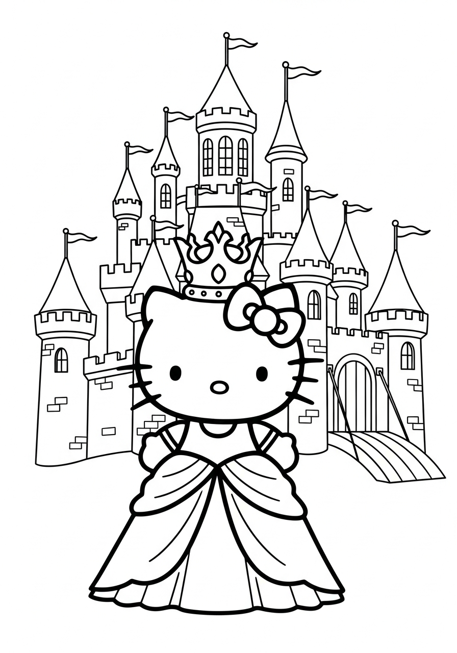 Princess Hello Kitty in front of castle coloring page