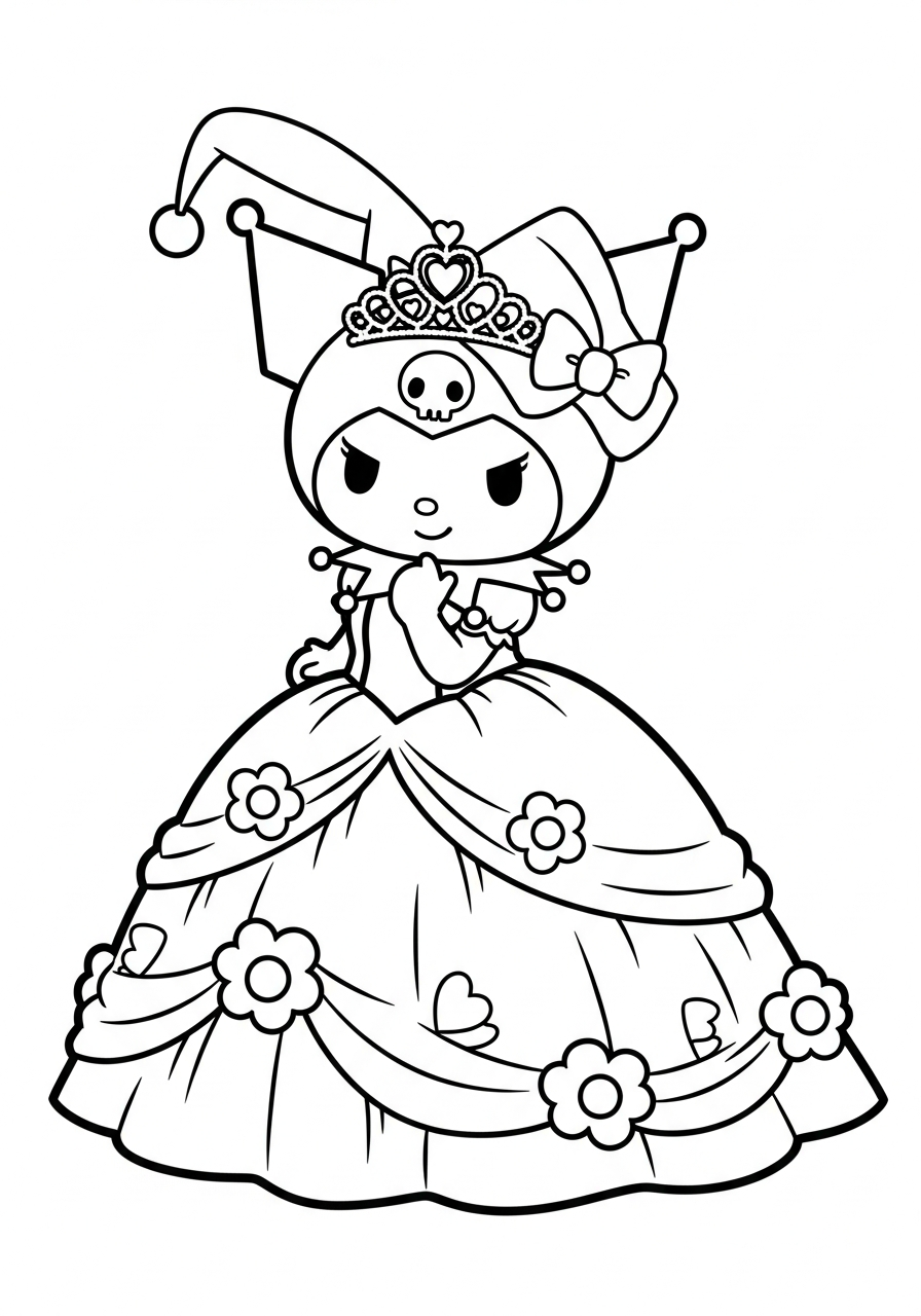 Princess Kuromi in elegant gown coloring page